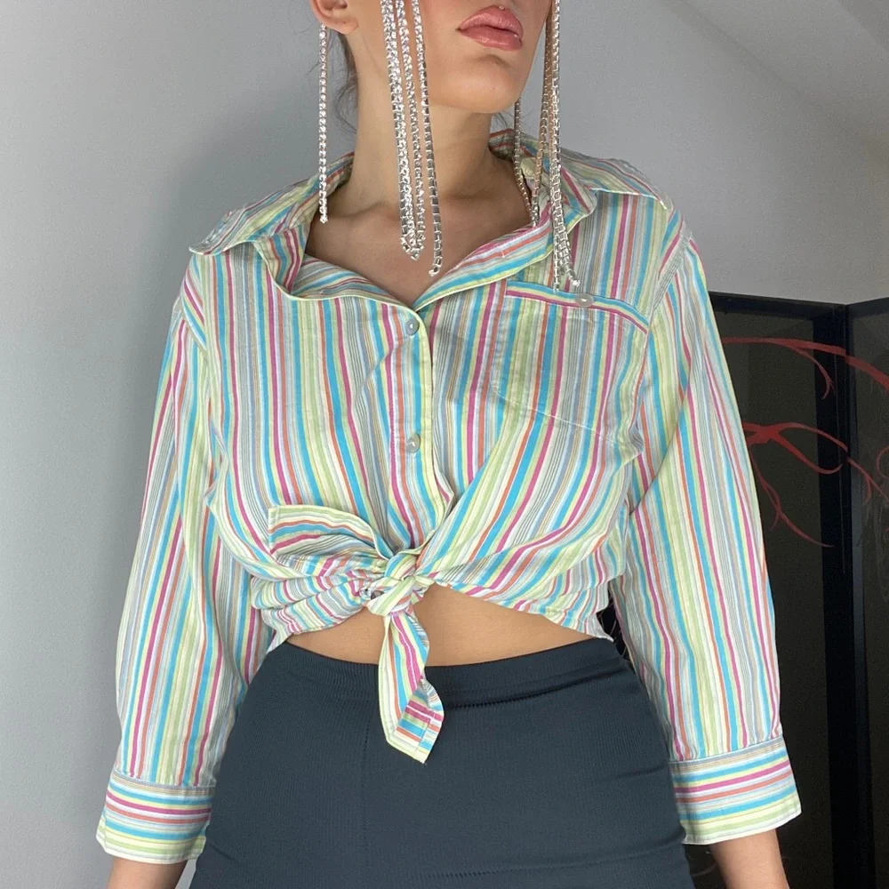 vintage multi colored striped button down collared blouse - Picture 4 of 4